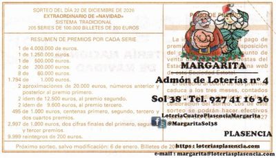 Reverso del décimo 49709 con el sello de la Administración nº 4 «Margarita», en Plasencia